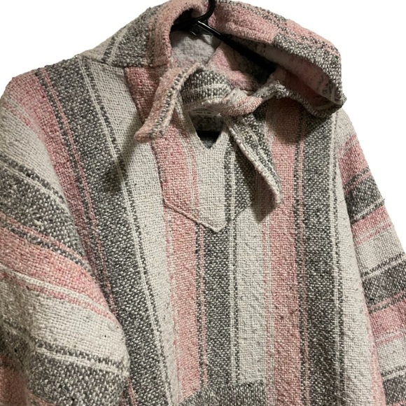 Pink and Gray Striped Baja Hooded Pullover Poncho Drug Rug Size Large - Picture 4 of 5